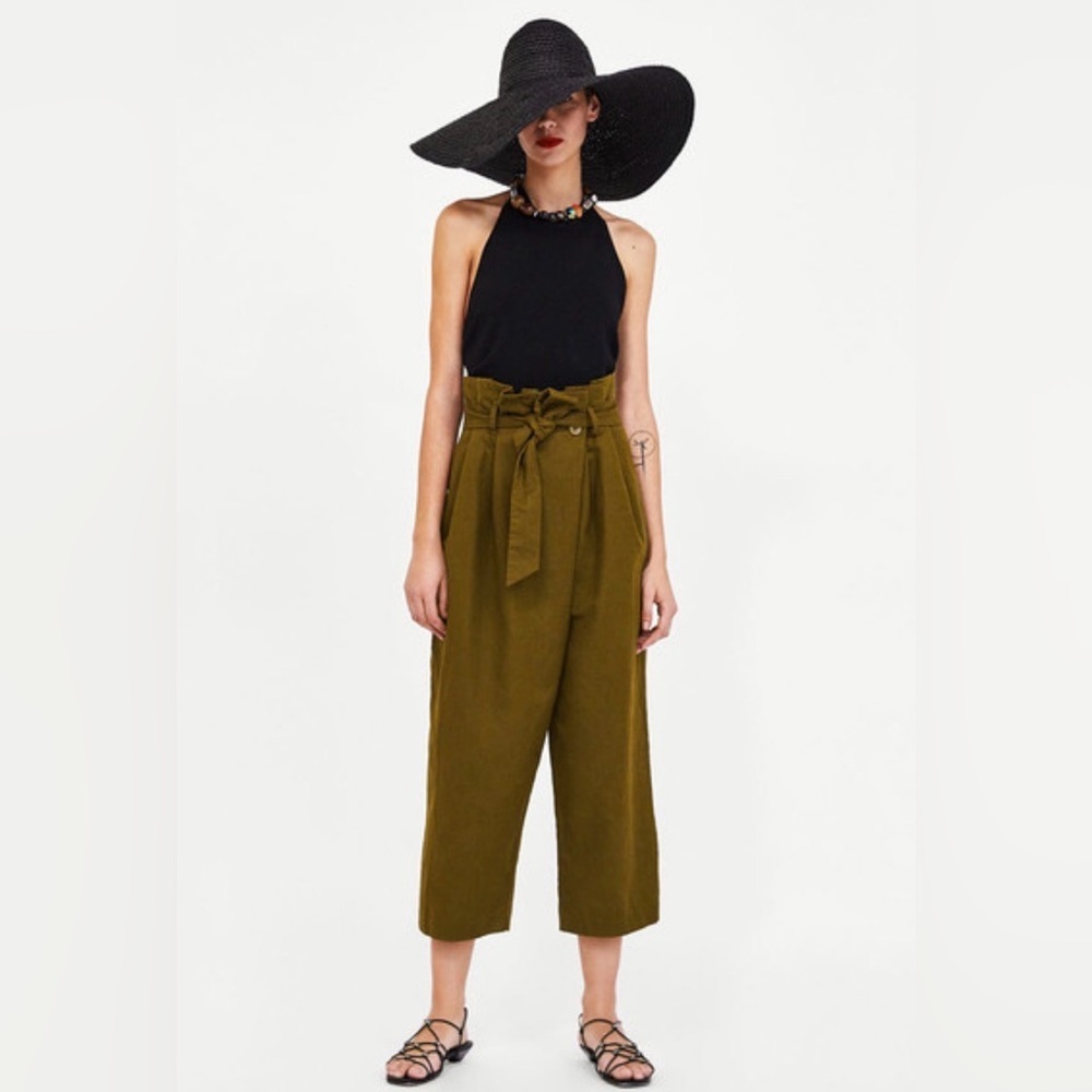 ZARA High Waist Paperbag Linen Blend Pants Olive Tie Waist Cropped Wide Leg S